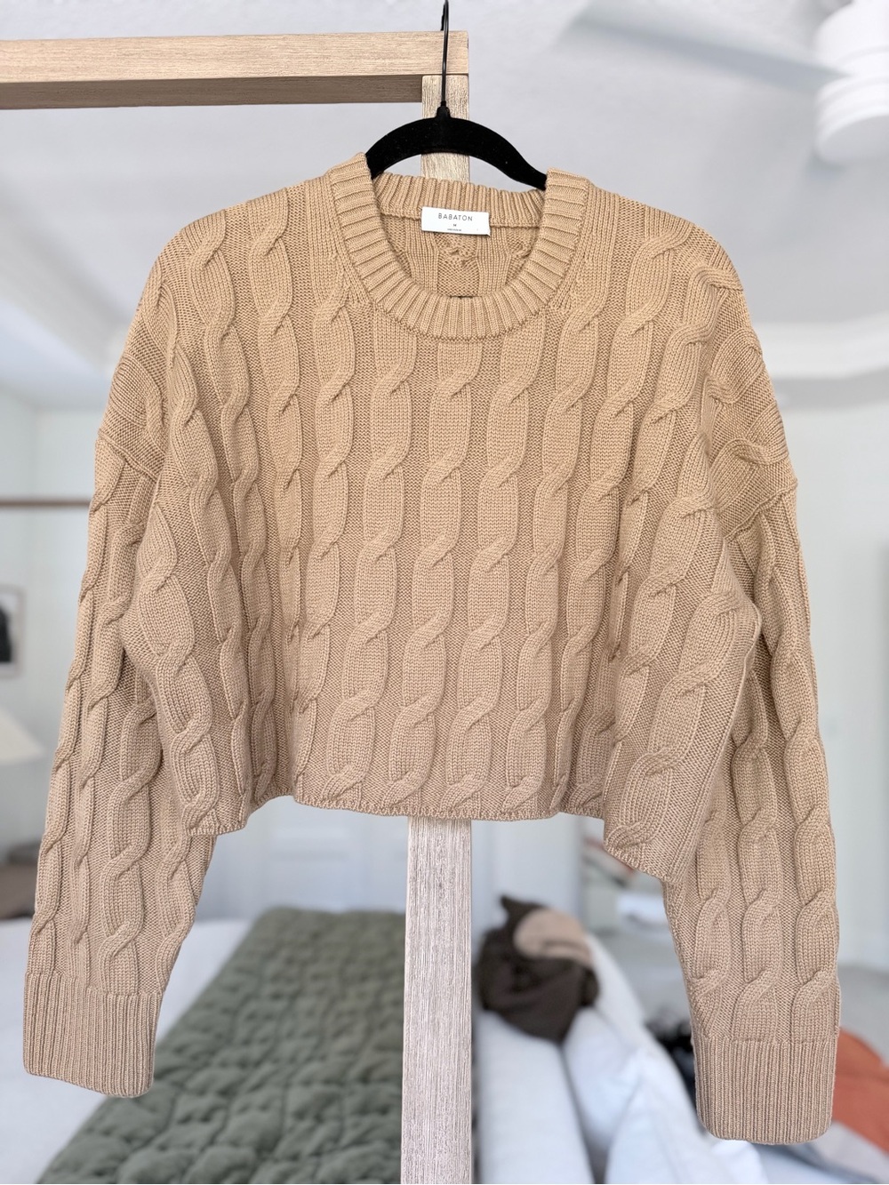 Babaton Beige Cable-Knit Cropped Crewneck Sweater